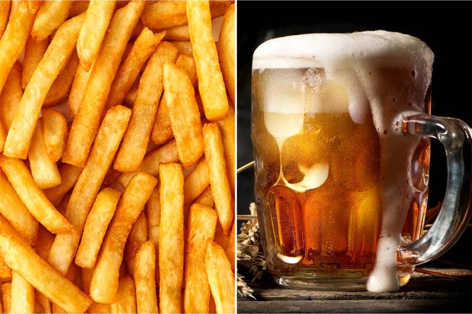 <strong>QUINTA-FEIRA:</strong> 500 cal (1/2 por&ccedil;&atilde;o de batata frita) + 540 cal (3 copos de chope) = 1040 cal