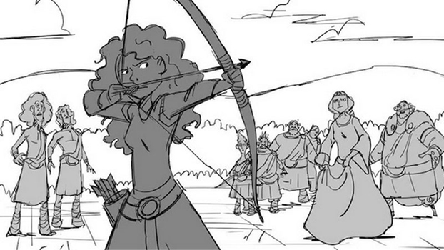 Storyboard - Artistas da Pixar esboçam o filme inteiro em um programa próprio. Depois disso, eles assistem o filme e o desenham todo novamente, antes que alguma ideia seja mais definitiva. Existe um esboço de storyboard para cada segundo em Brave. Storyboard - Artistas da Pixar esboçam o filme inteiro em um programa próprio. Depois disso, eles assistem o filme e o desenham todo novamente, antes que alguma ideia seja mais definitiva. Existe um esboço de storyboard para cada segundo em Brave.