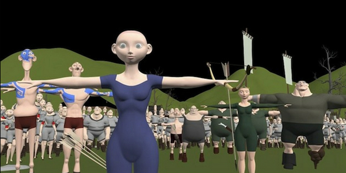 Layout - O próximo passo é posicionar os personagens mais ou menos na posição em que eles vão estar na cena quando ela for finalizada. Gestos e emoções não são importantes nessa etapa, como dá para notar pela imagem de Merida (personagem principal do filme) e das pessoas ao redor. Layout - O próximo passo é posicionar os personagens mais ou menos na posição em que eles vão estar na cena quando ela for finalizada. Gestos e emoções não são importantes nessa etapa, como dá para notar pela imagem de Merida (personagem principal do filme) e das pessoas ao redor.