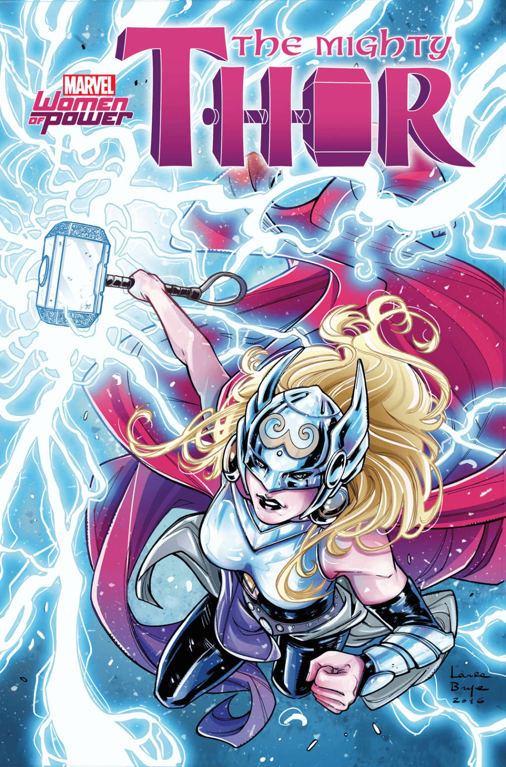A Thor assumiu o posto de Deusa do trov&atilde;o depois que o filho de Odin deixou de ser digno de carregar o martelo&nbsp;Mj&ouml;lnir, em 2014. A italiana Laura Braga &eacute; respons&aacute;vel pela ilustra&ccedil;&atilde;o