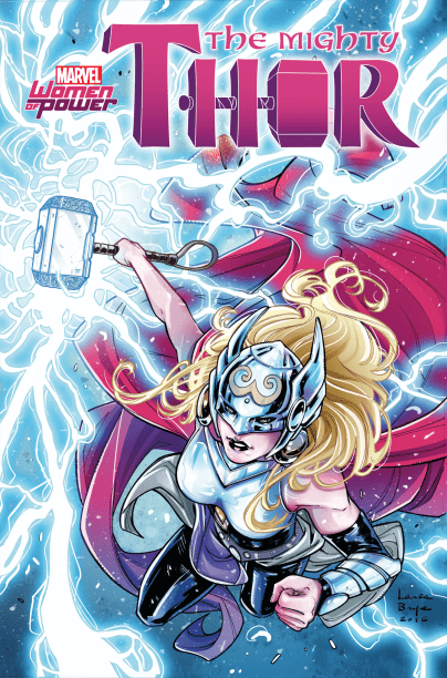 A Thor assumiu o posto de Deusa do trov&atilde;o depois que o filho de Odin deixou de ser digno de carregar o martelo&nbsp;Mj&ouml;lnir, em 2014. A italiana Laura Braga &eacute; respons&aacute;vel pela ilustra&ccedil;&atilde;o