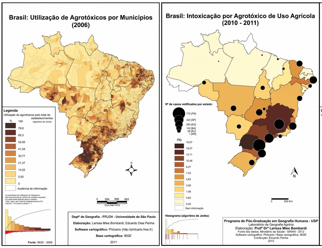 Os dois mapas do Atlas dos Agrot&oacute;xicos deixam claro que h&aacute; uma correla&ccedil;&atilde;o entre uso de agrot&oacute;xicos e casos de intoxica&ccedil;&atilde;o.