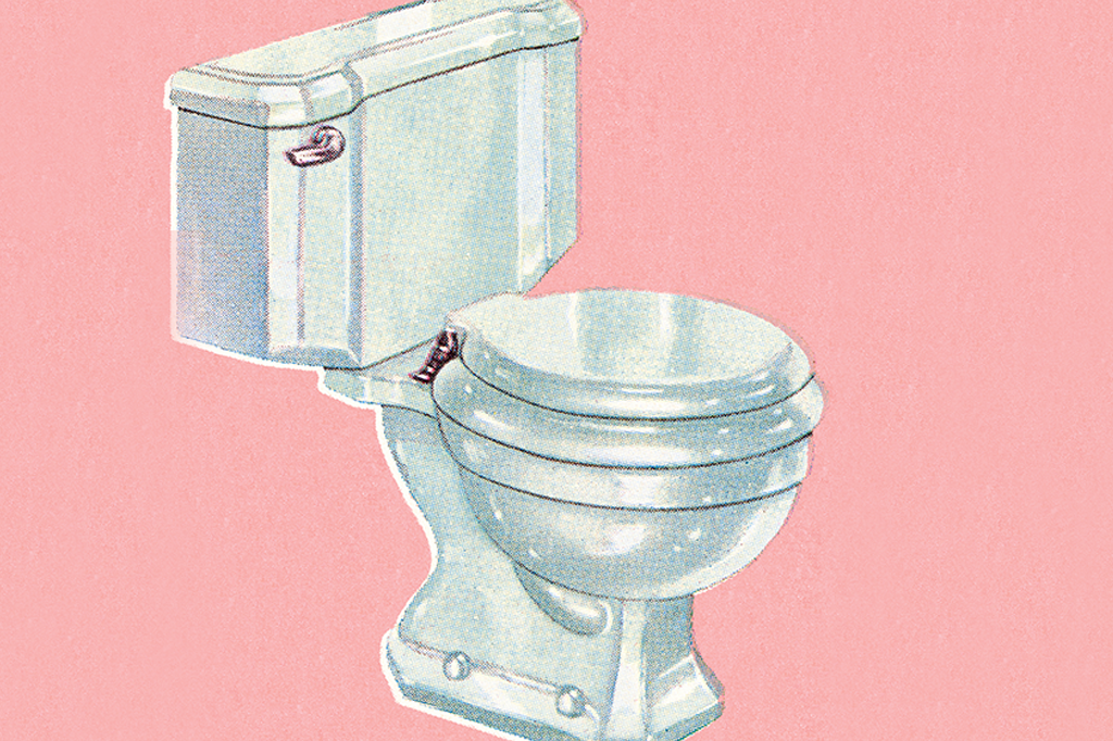 Ilustração de privada de louça branca com caixa acoplada contra fundo rosa.