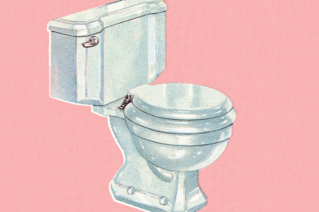 Ilustração de privada de louça branca com caixa acoplada contra fundo rosa.