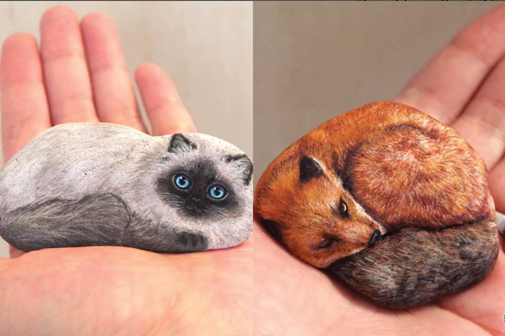 Artista japonesa faz sucesso pintando animais em rochas