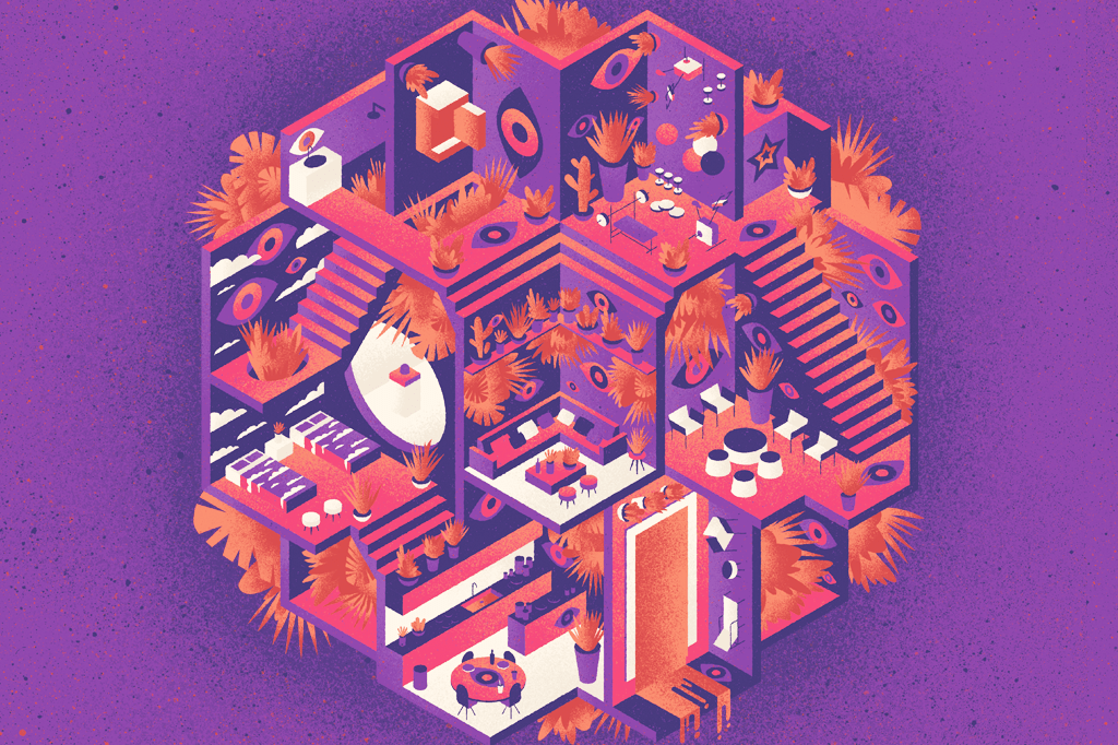 Planta ilustrada da casa do BBB: quarto do líder, sala, confessionário, etc.. Tudo em cores fortes: roxo, rosa, laranja.