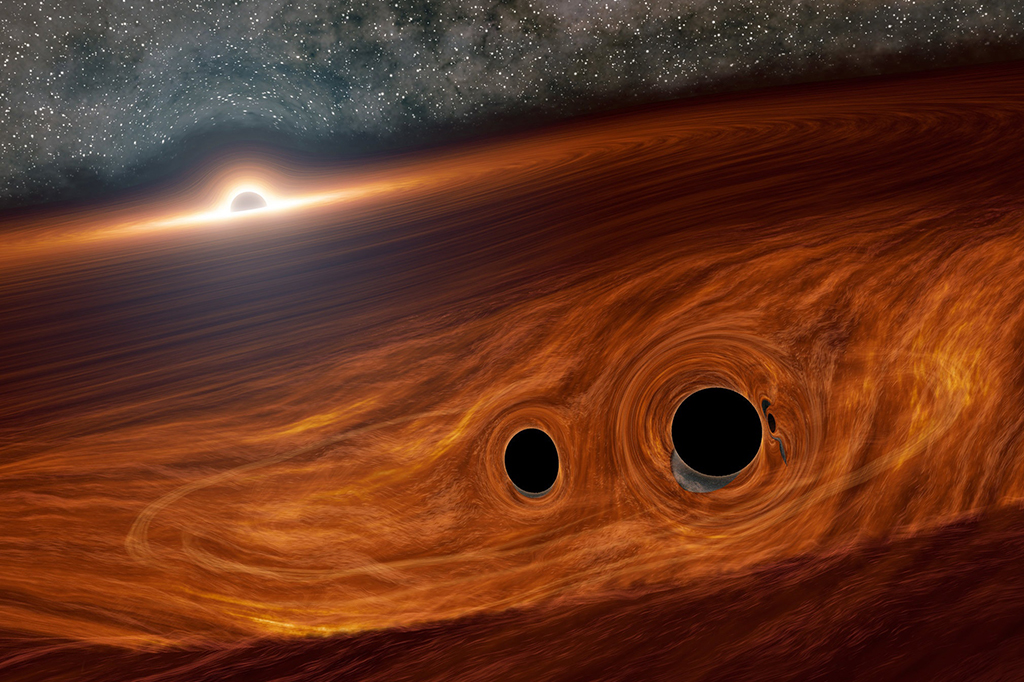 Três é demais: dupla de buracos negros colide na órbita de outro buraco negro