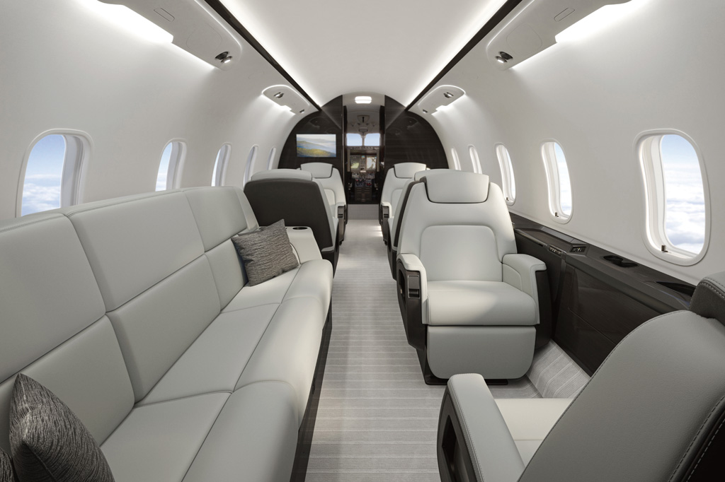 SI_Futuro_Aviacao_Cap7_1 <strong>Cabine do Challenger 350, da Bombardier: supermédio para até 8 passageiros custa mais de US$ 26 milhões.</strong>