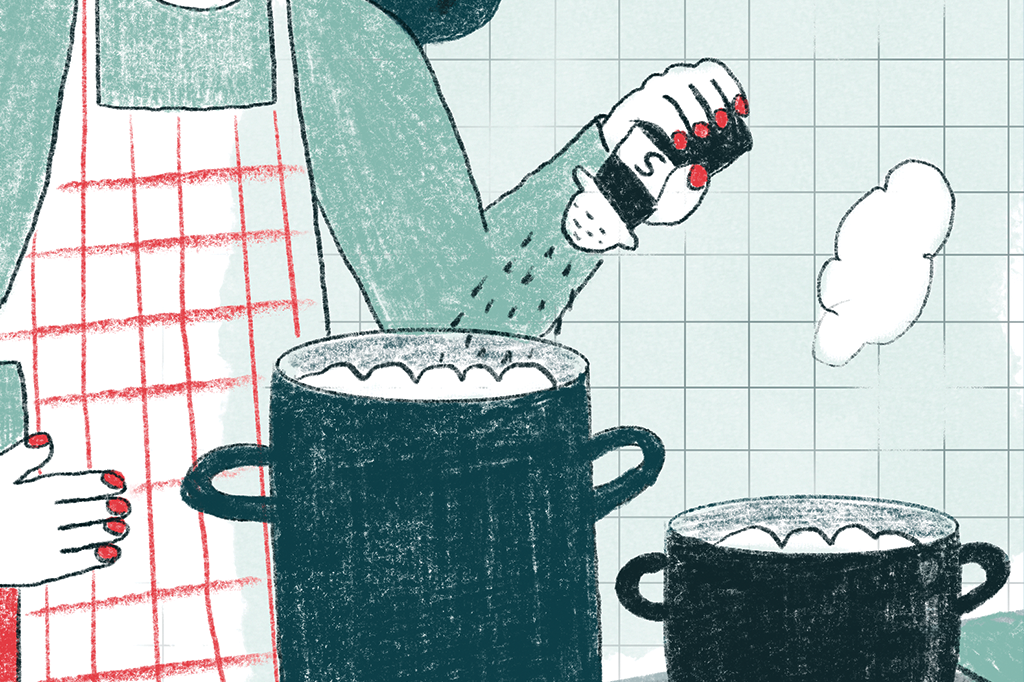 Ilustração mostrando uma mulher cozinhando com duas panelas. Ela joga sal em uma delas enquanto a outra descansa.
