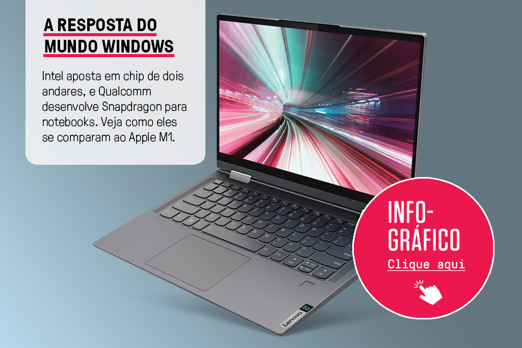 Caixa de texto com título e linha-fina no lado esquerdo da imagem e, ao fundo, foto do notebook Lenovo Flex 5G.