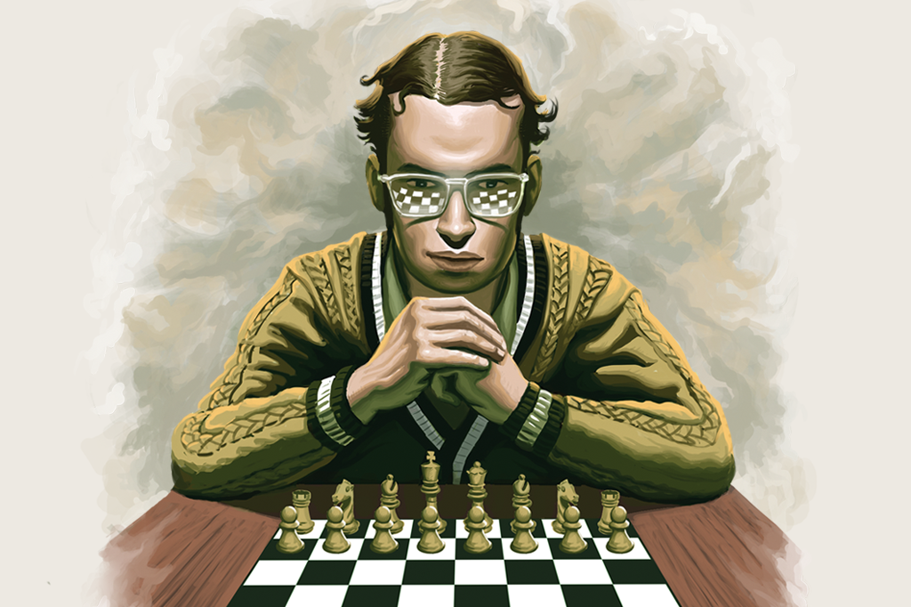Ilustração mostrando Mequinho em frente a um tabuleiro de xadrez.