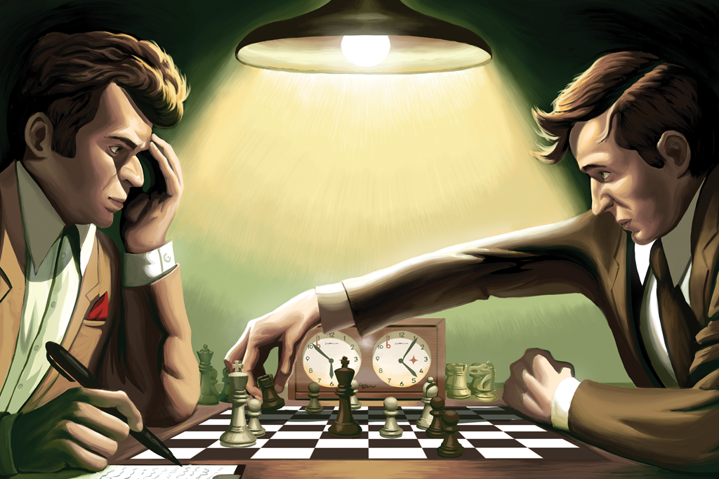 Ilustração mostrando a partida Fischer versus Spassky.