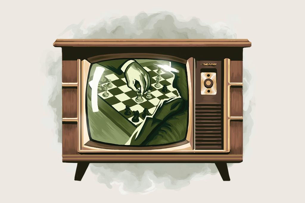 Ilustração mostrando uma TV dos anos 70 transmitindo jogos de xadrez.