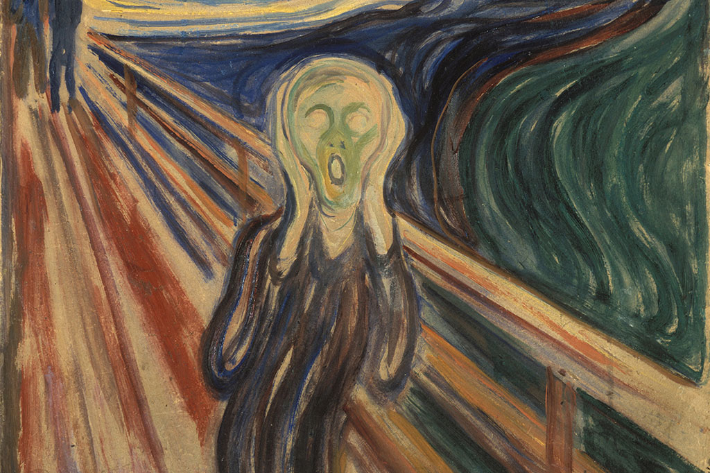Imagem do quadro "O Grito". A obra representa uma figura andrógina num momento de profunda angústia e desespero. O plano de fundo é a doca do fiorde de Oslo ao pôr-do-Sol.