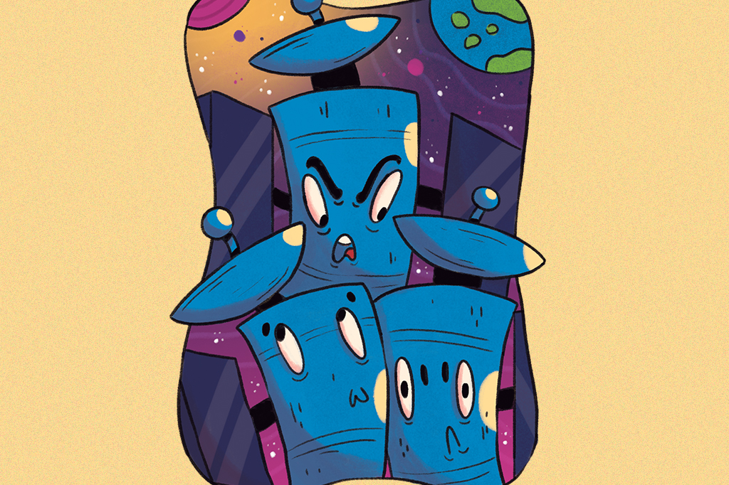 Ilustração de três satélites, com rostinhos bravos e confusos, se esbarrando. Ao fundo, a Terra.