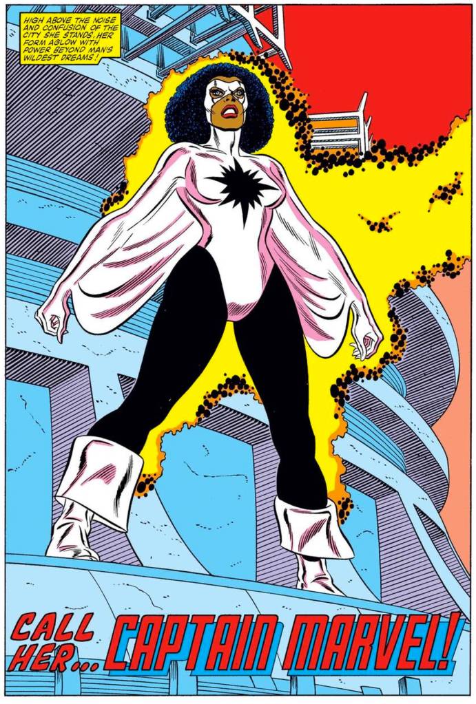 Ilustração da Capitã Marvel dos quadrinhos.