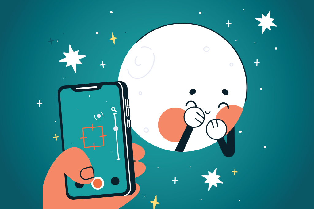 Ilustração de uma lua tímida sendo fotografada por um celular.