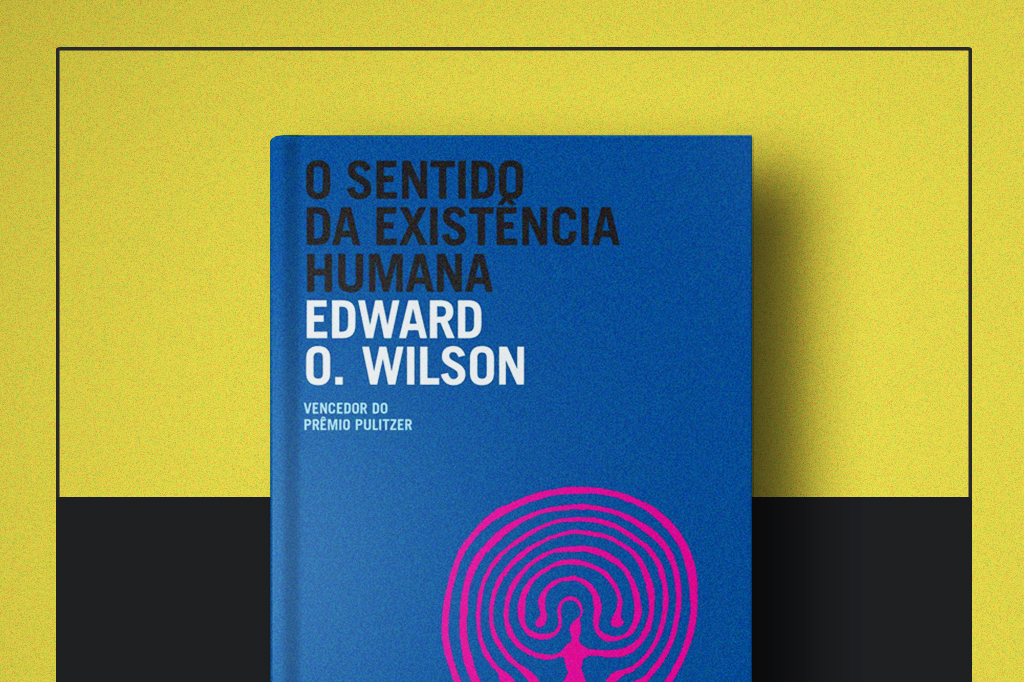 Capa do livro "O sentido da existência humana" no centro da imagem.