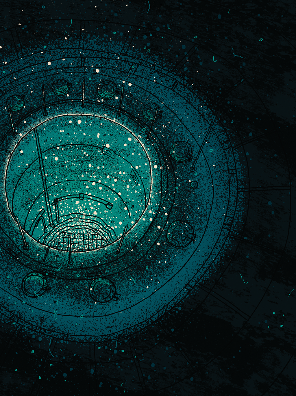 Ilustração de reator nuclear: um buraco circular emitindo luz azul com grade no fundo e tubulação passando em seu entorno.