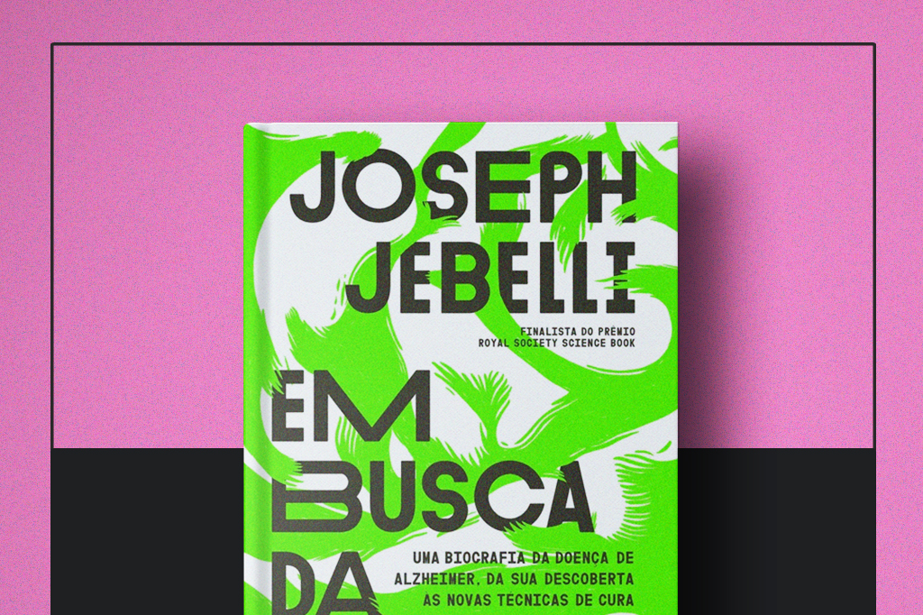 Capa do livro "Em busca da memória" no centro da imagem.