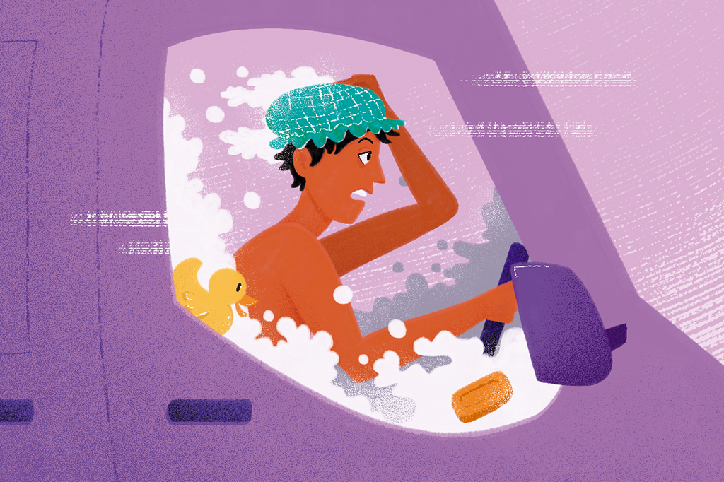 Ilustração de um homem dirigindo uma van em alta velocidade enquanto toma banho.