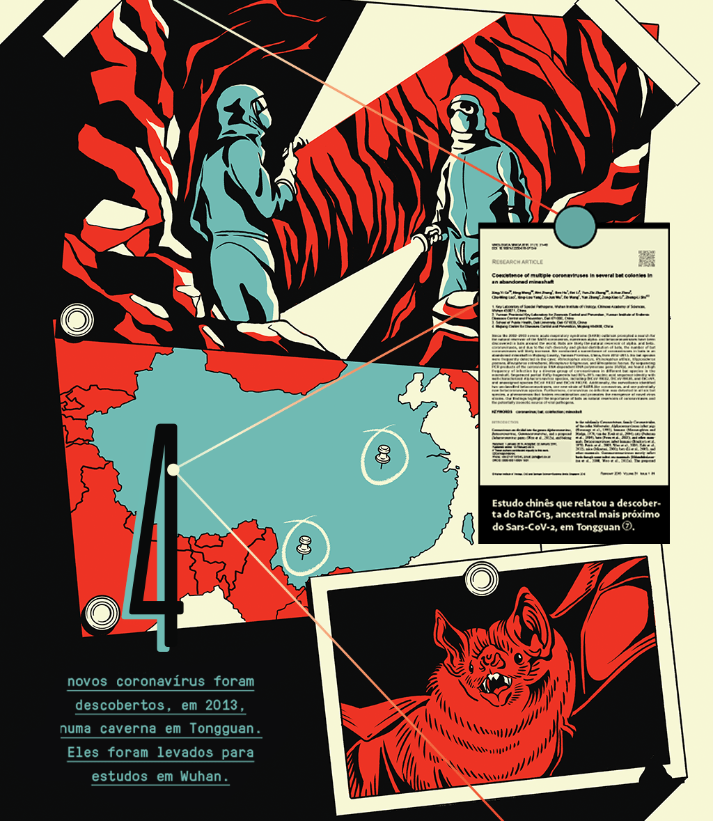 Ilustrações que simulam um painel com fotos: no topo da imagem, duas pessoas em uma caverna, no meio a ilustração de um mapa e, embaixo, um morcego. Um fio passa por todas as imagens.