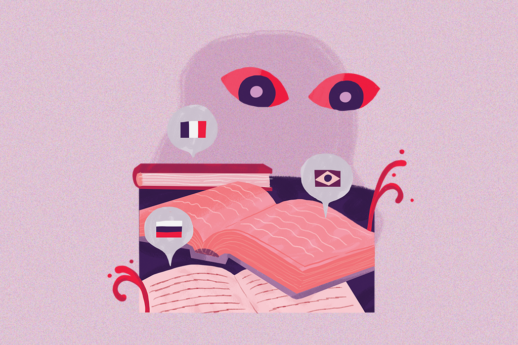Ilustração mostrando dois olhinhos observando 3 livros, cada um com um balãozinho de fala saindo de dentro deles e contendo as bandeirinhas da França, do Brasil e da Rússia.