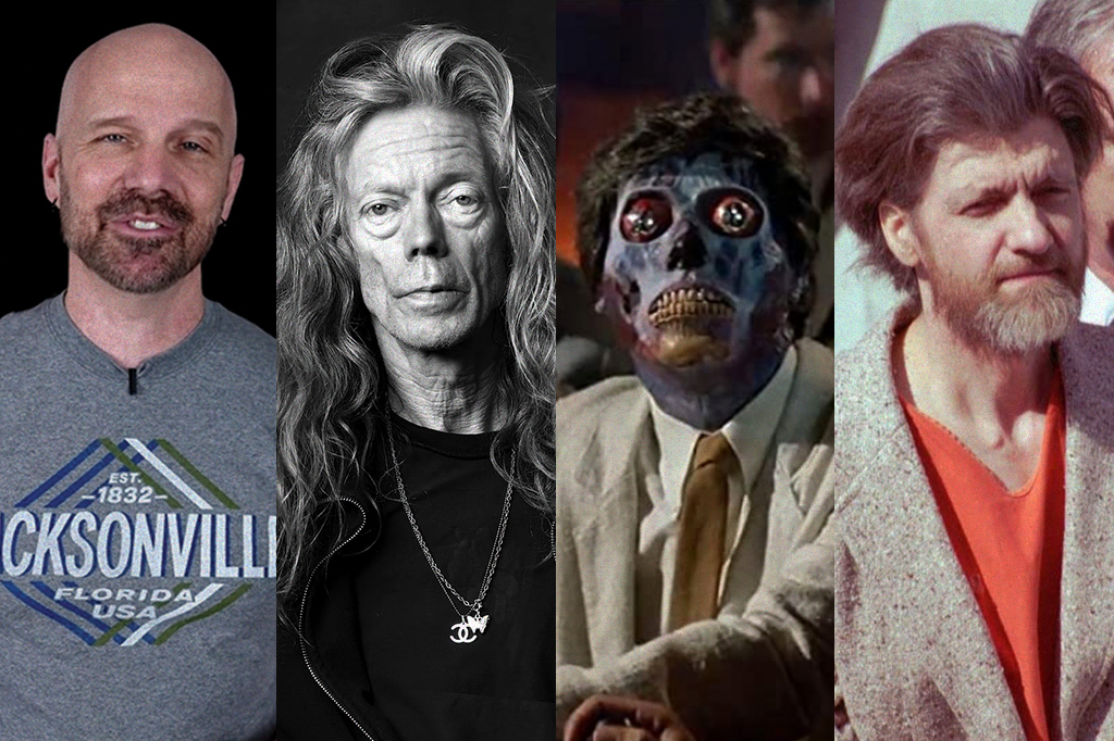 Coletânea do Pérolas do Streaming da edição 428, com 4 imagens lado a lado: James White, do canal Freakin Reviews, foto em preto e branco de um homem, cena do filme "eles vivem" e foto de Ted Kaczynski.