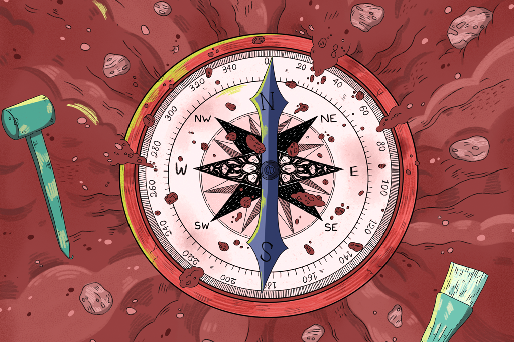 Ilustração de uma bússola sendo desenterrada.