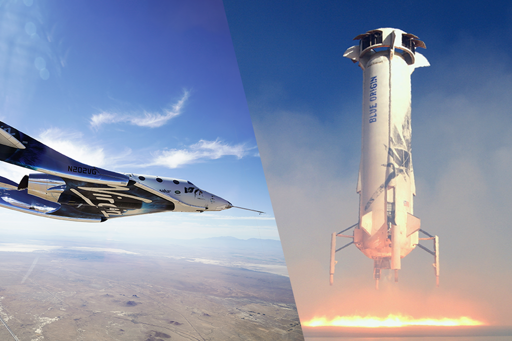 Montagem com a foto da Virgin Galactic ao lado da Blue Origin.