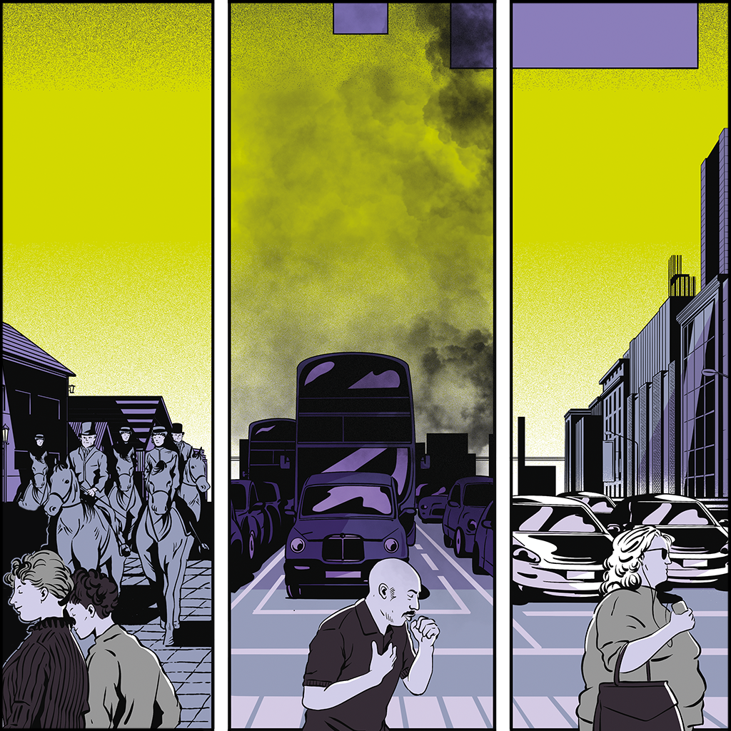 Ilustração de cidade dividida em três mundos: um apenas com cavalos - sem carros; o nosso atual, cheio de fumaça por causa do motor a combustão; e um futuro próximo com carros elétricos, mais limpo.