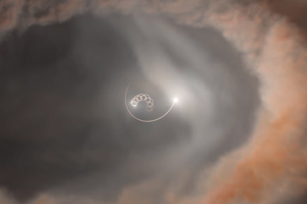 Reprodução artística do movimento das três estrelas no centro do sistema GW Orionis.