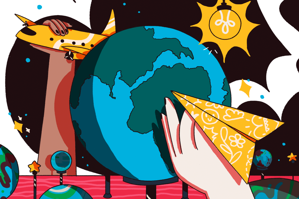Ilustração de uma maquete do sistema solar e duas crianças segurando aviões de brinquedo.