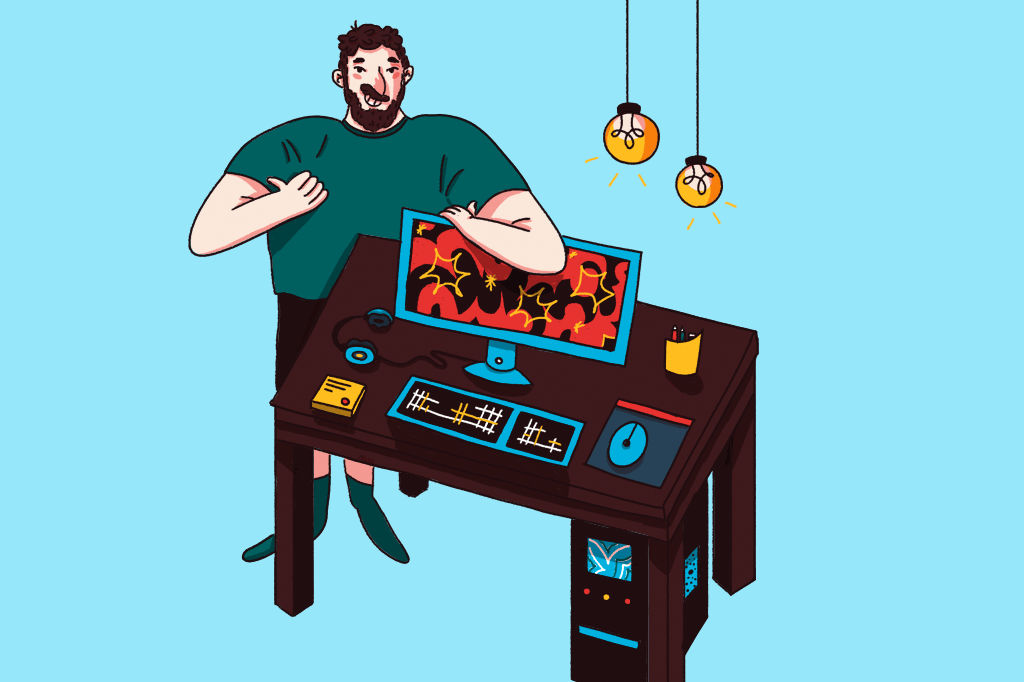 Ilustração de um homem feliz com seu computador montado.