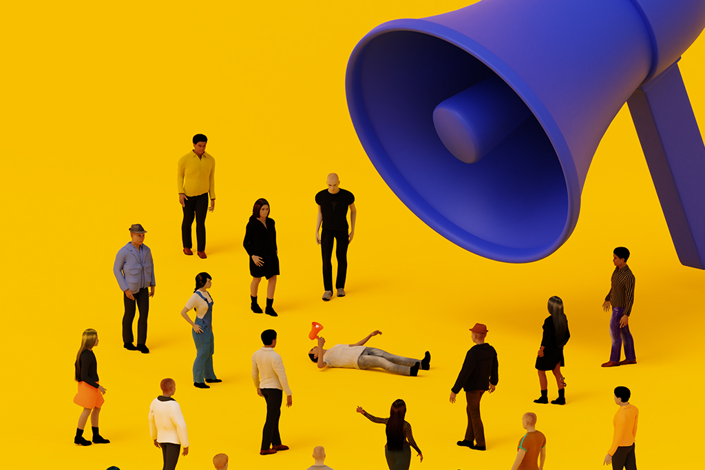 Ilustração 3D de megafone apontado para pequenos bonecos, sendo que o do meio está caído.