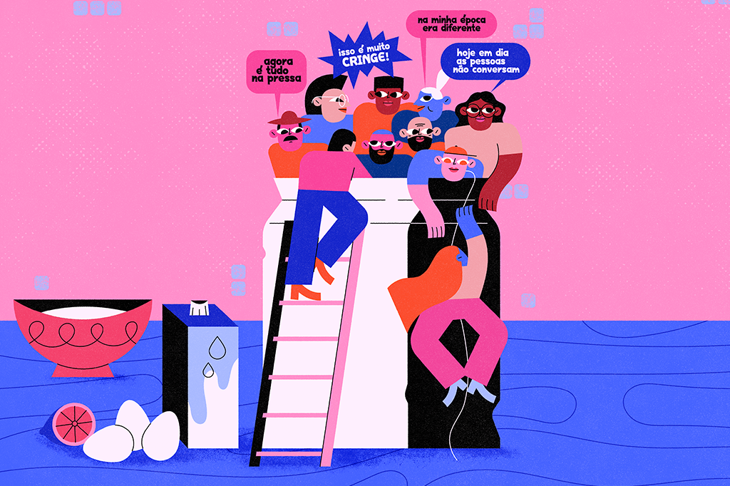 SI_433_Gerações_03_site Ilustração de pessoas de diferentes gerações se misturando.