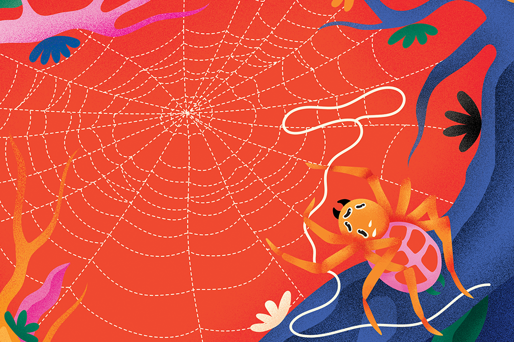 Ilustração de uma aranha arremessando a teia como se fosse um cowboy.