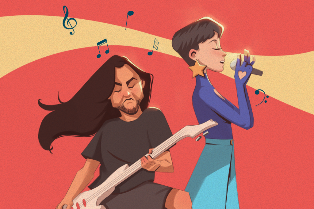 Ilustração de um metaleiro de cabelo comprido ao lado de uma cantora pop de cabelo curto.