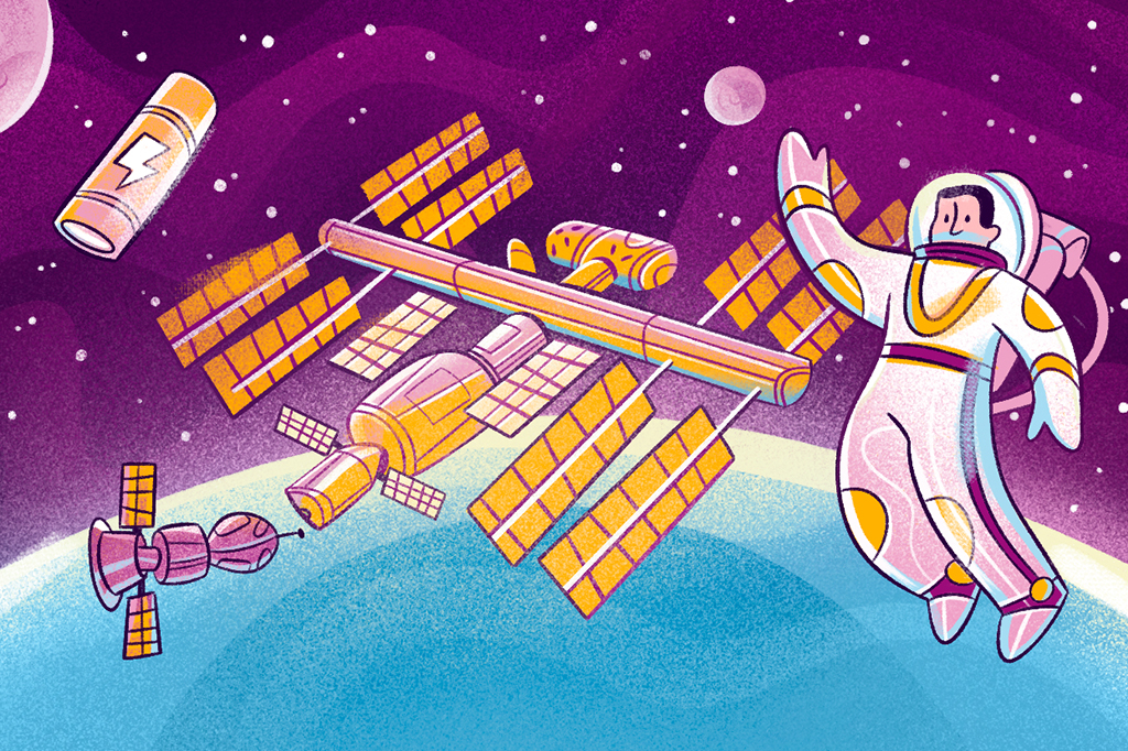 Ilustração de uma bateria, Soyuz e astronauta orbitando a Estação Espacial Internacional.