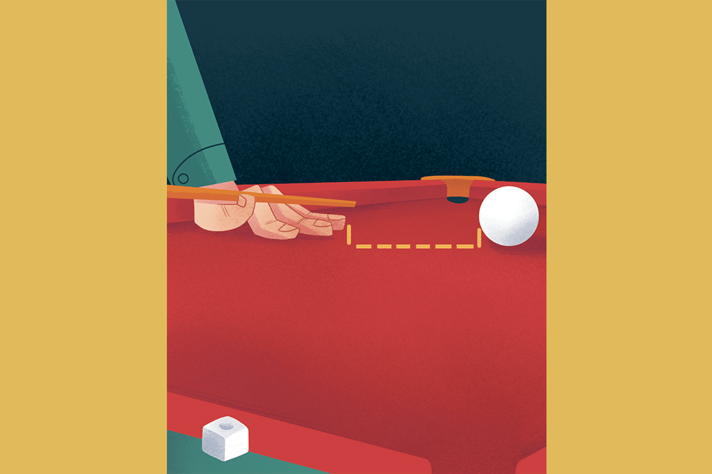 Ilustração de uma pessoa posicionando o taco para bater na bola branca no bilhar.