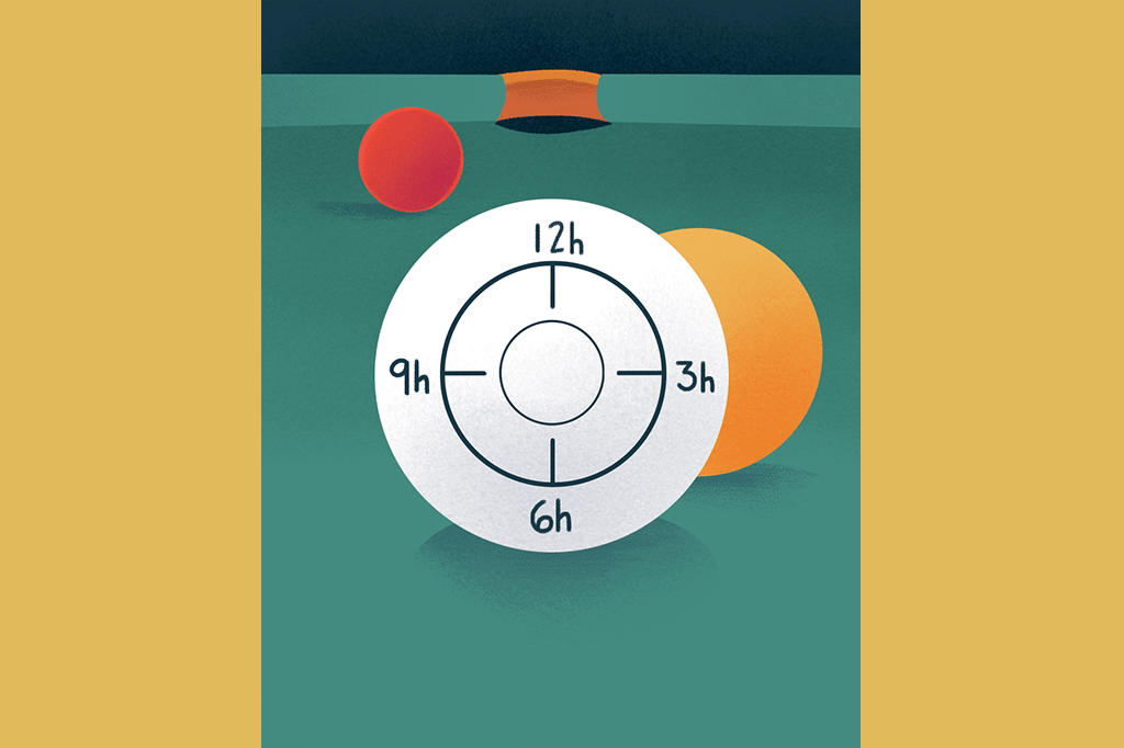 Ilustração de uma bola de bilhar branca, com marcação dos horários: 12h, 3h, 6h e 9h.