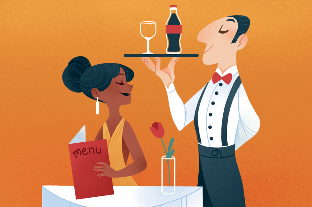 Ilustração de um garçom, em um restaurante chique, trazendo refrigerante para a cliente.