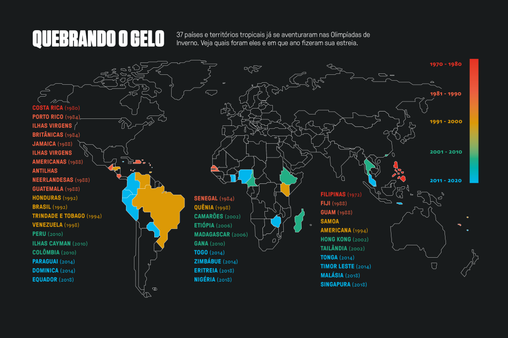 SI_435_OlimpiadasInverno_4b Mapa mostrando em quais anos os países tropicais fizeram sua estreia nas Olimpíadas de Inverno.