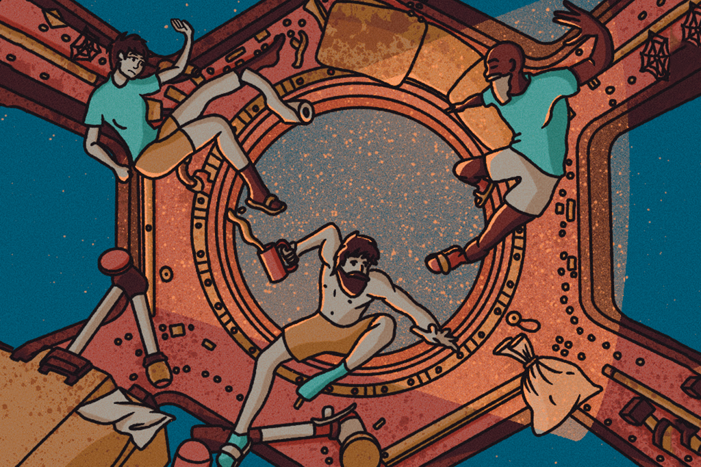 Ilustração de 3 astronautas na ISS.