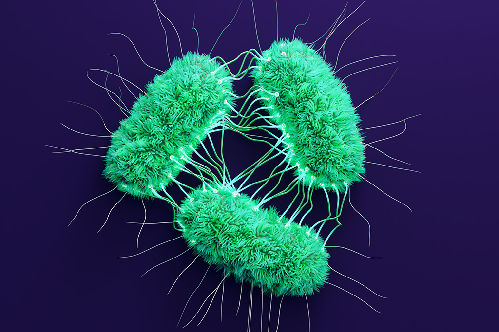 Ilustração 3D de bactérias Escherichia coli se ligando como se fossem circuitos.