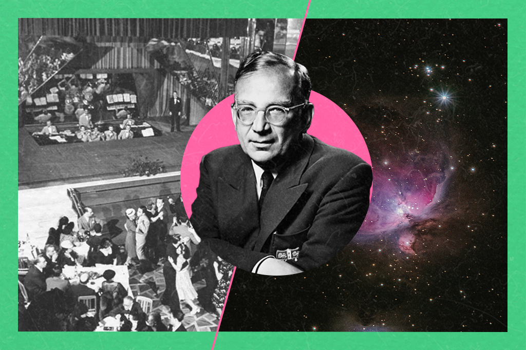 Colagem com George Gamow no centro da imagem, ao lado do cassino da Urca e de estrelas brilhantes.