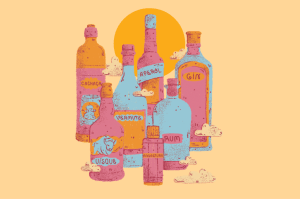 Ilustração de garrafas de bebidas alcoólicas.