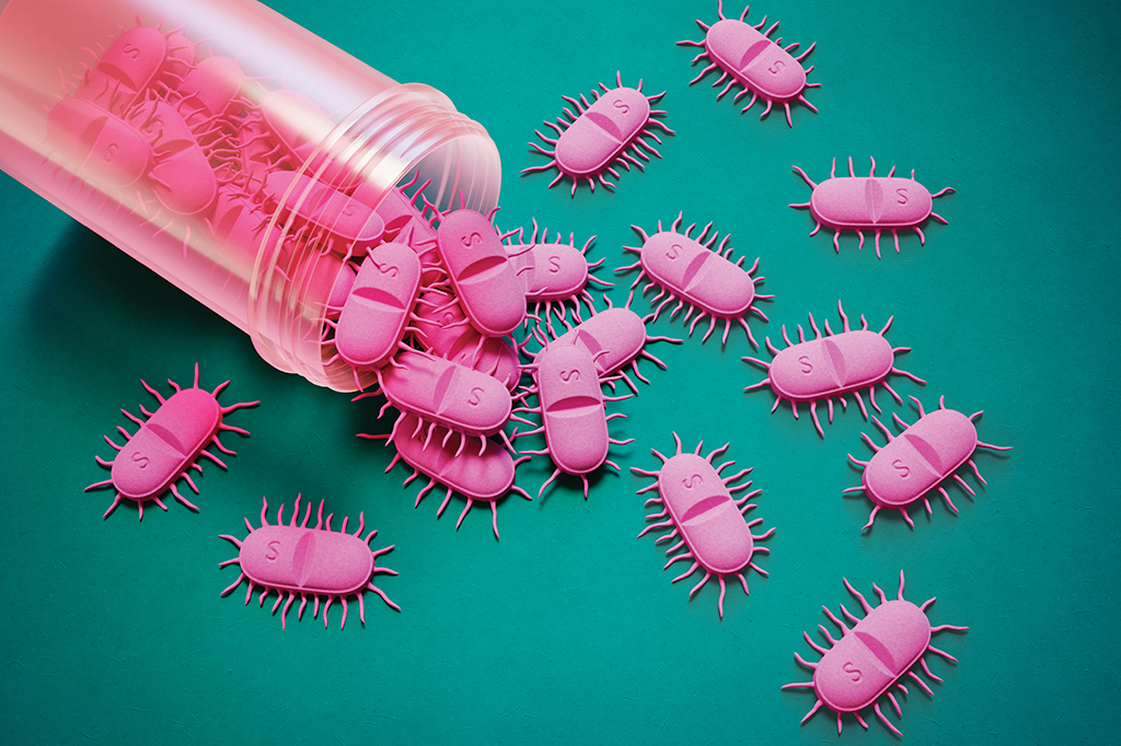 Ilustração 3D de comprimidos com formato de bactéria.