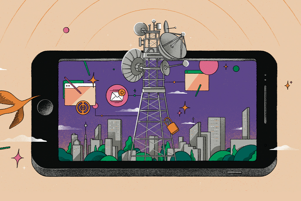 Ilustração de um celular. O visor exibe uma paisagem urbana com uma torre de telefonia saindo da tela.
