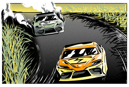 Ilustração de dois carros de corrida numa pista com um canavial ao redor.